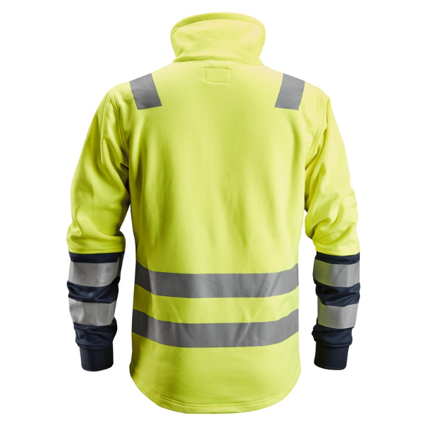 Back view of the Snickers Hi-Vis Class 2 Jacket 8035 in yellow and navy, showing the reflective tape layout across the shoulders and back.