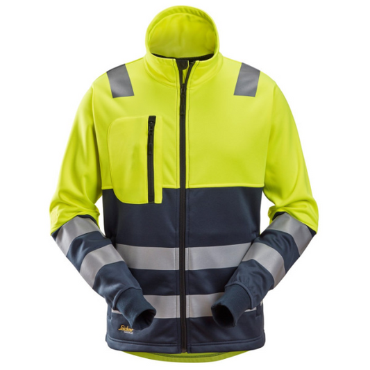 Front view of the Snickers Hi-Vis Class 2 Jacket 8035 in yellow and navy, showing the full-zip front, chest ID-badge holder and dirt-resistant panel placement.