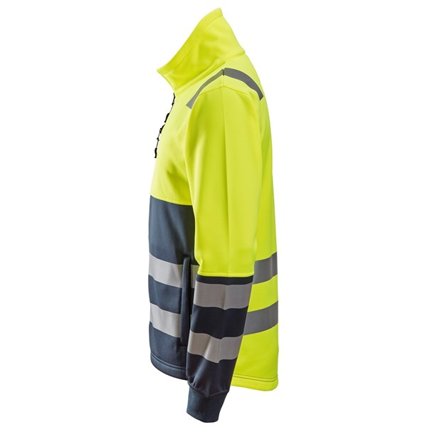 Left side profile of the Snickers 8035 hi-vis jacket, showing the zippered side pocket and overall fit.