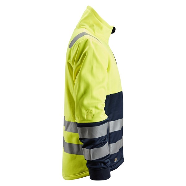 Right side profile of the Snickers 8035 hi-vis jacket, showing the mirrored pocket layout and panel construction.
