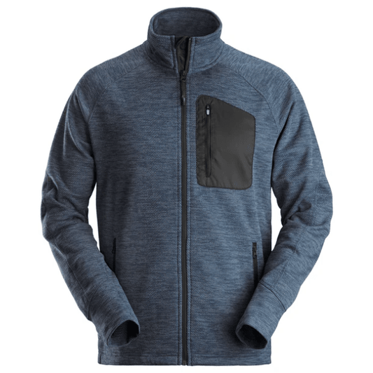 Snickers FlexiWork Fleece Jacket 8042 in navy, front view showing the zipped chest pocket