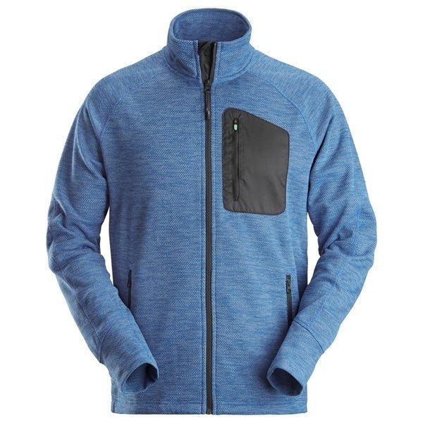 Snickers Fleece Jacket 8042 in True Blue/Black, front view showing the adjustable hem and dropped back