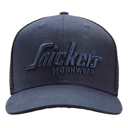 Front view of the Snickers 9001 trucker hat in navy, featuring structured front panels, curved peak and embroidered Snickers logo, on a white background.