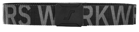 Front view of the Snickers 9004 logo belt in blue and black, featuring a wide woven webbing strap with repeated Snickers Workwear branding and a rubber‑coated metal buckle, photographed on a white background.