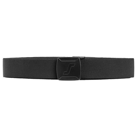 Front view of the Snickers 9020 black elastic work belt with slim plastic buckle and woven stretch webbing, photographed on a white background.