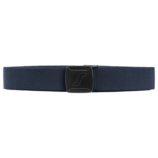 Navy view of the Snickers 9020 black elastic work belt with slim plastic buckle and woven stretch webbing, photographed on a white background.