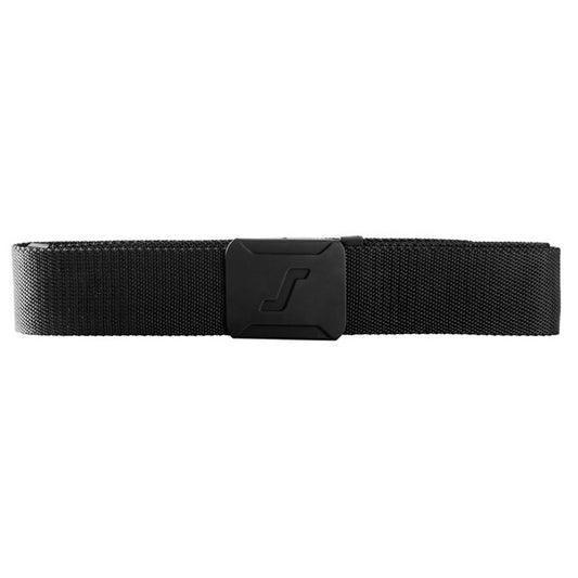 Front view of the Snickers 9020 elastic work belt in black with slim plastic buckle and stretch woven webbing, photographed on a white background.