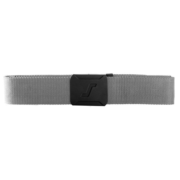 Front view of the Snickers 9020 elastic work belt in grey, featuring a low‑profile plastic buckle and flexible woven stretch webbing, photographed on a white background.