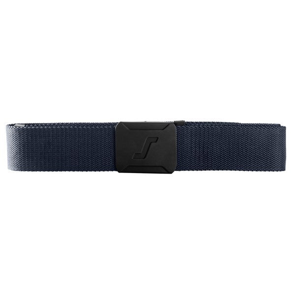 Front view of the Snickers 9020 elastic work belt in navy, with a slim non‑scratch plastic buckle and durable stretch textile construction, photographed on a white background.
