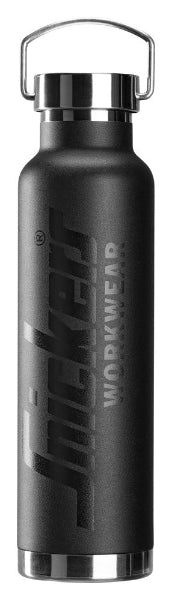 Front view of the Snickers 9901 water bottle in black, featuring a stainless steel double‑wall vacuum insulated design with a large opening and secure screw‑top lid, ideal for keeping drinks cool during work or outdoor use, photographed on a white background.