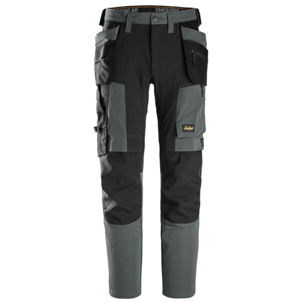 Front view of the Snickers AllroundWork Stretch Work Trousers 6218 in black and grey showing CORDURA holster pockets and stretch fabric construction.