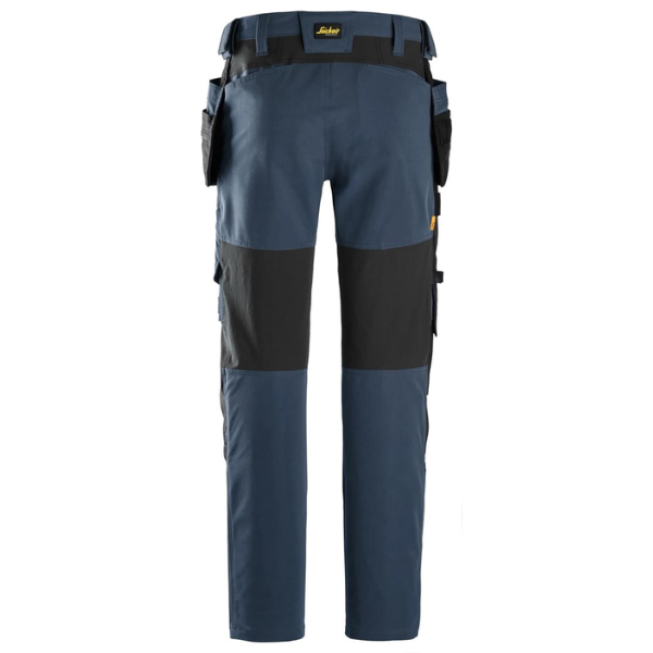 Back view of the Snickers AllroundWork Stretch Work Trousers 6218 in navy showing CORDURA knee reinforcements, stretch panels and integrated back pocket.