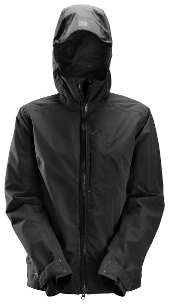 Front view of the Snickers Waterproof Shell Jacket 1367 displayed on a mannequin or model form, featuring a hood and waterproof outer material.