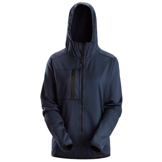 Front view of the Snickers Women’s Full Zip Fleece Hoodie 8057 displayed on a mannequin-like form, featuring a full-length zipper and hood.
