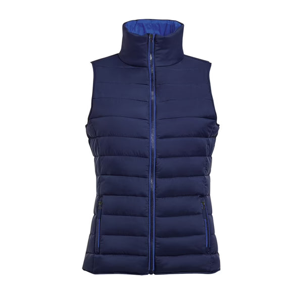Front view of the Sol’s Wave padded bodywarmer for women in navy, featuring a lightweight insulated quilted design, full front zip fastening, high collar for added warmth and a clean plain finish, suitable for workwear layering, corporate clothing and everyday wear, photographed on a white background.