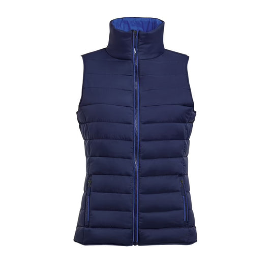 Front view of the Sol’s Wave padded bodywarmer for women in navy, featuring a lightweight insulated quilted design, full front zip fastening, high collar for added warmth and a clean plain finish, suitable for workwear layering, corporate clothing and everyday wear, photographed on a white background.