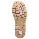 Outsole view of Steel Blue Southern Cross Ladies Safety Boots in sand colour, showing pink TPU inserts and high-traction tread pattern for slip resistance.