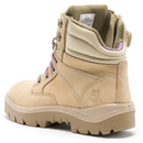 Rear-side angled view of Steel Blue Ladies Safety Boots in sand colour, featuring padded collar, pink trim, and wolf head logo embossed on the heel.