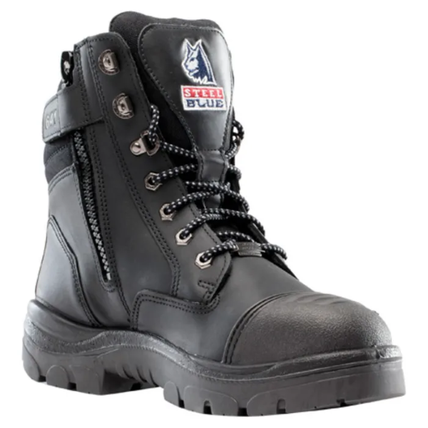 Black Southern Cross zip safety boots with padded ankle collar and durable sole for rugged worksites.
