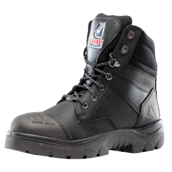 Durable black work boot designed for tough work environments.