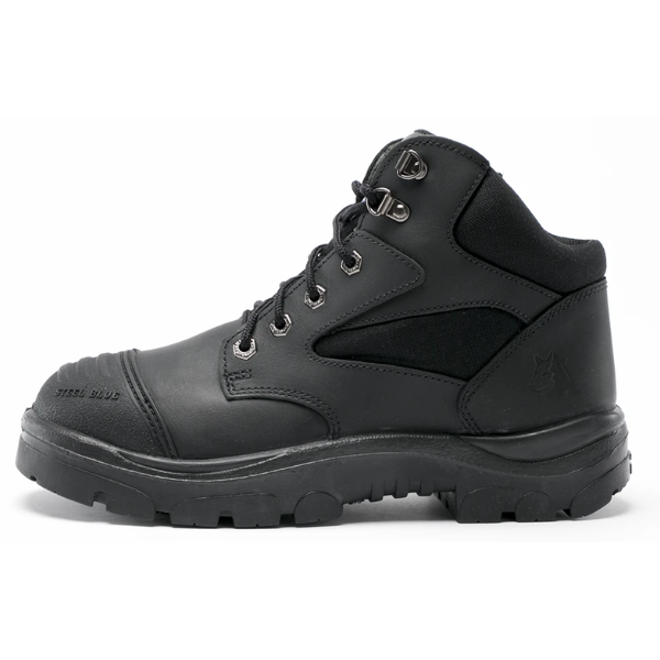 Black leather boot with a white background. Steel Blue name on steel toe cap.