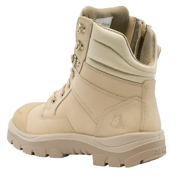 Beige tactical boot on a white background. Ankle-high Steel Blue Zip boot in sand – shop now at Kustom Workwear.