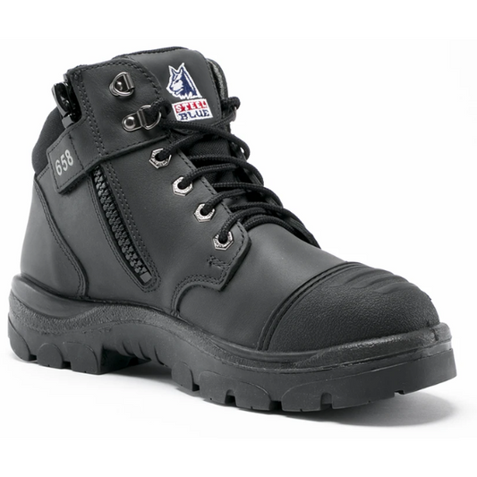 Black Steel Blue steel toe cap boot with brand logo on a white background