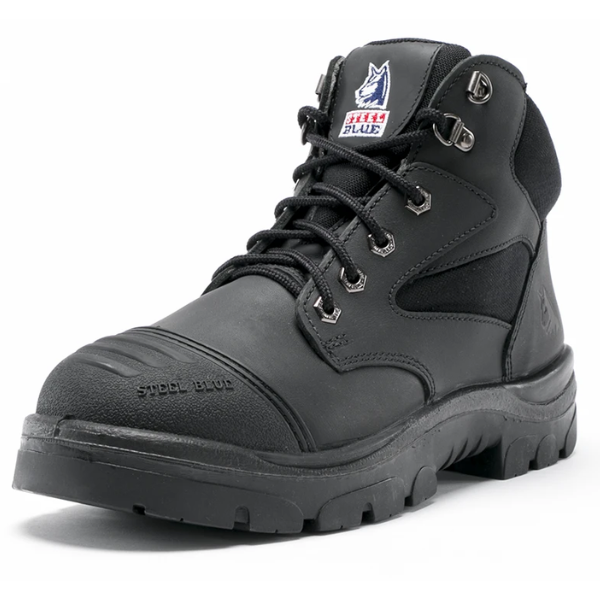 Black high-top safety boot with Steel Blue logo on a white background