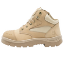 Beige steel blue safety boot with a brand logo on a white background.