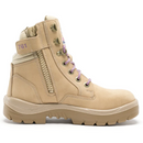 Side view of Steel Blue Southern Cross Sand Safety Boots for women with side zip access, pink stitching on the 761 Velcro strap, and purple laces.