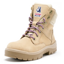 Close-up front-side view of Steel Blue Ladies Southern Cross Zip Boots in sand, featuring purple laces and side zip entry system.