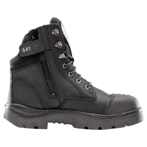 Black boot with zipper and lace-up design on a white background.