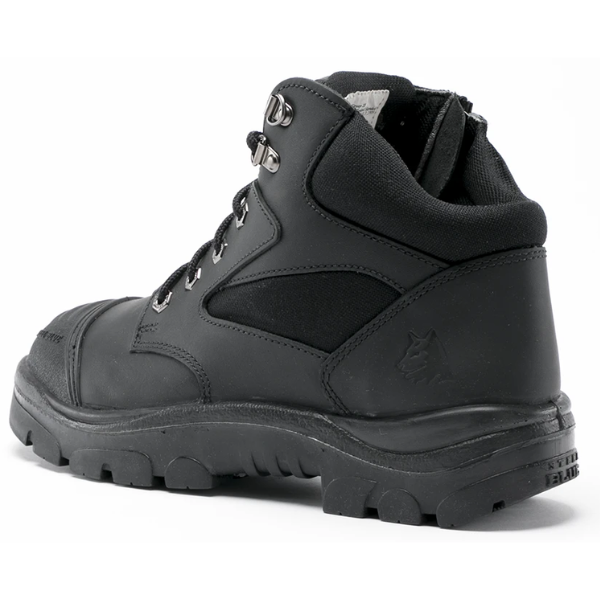 Black safety boot hiking boot on a white background.