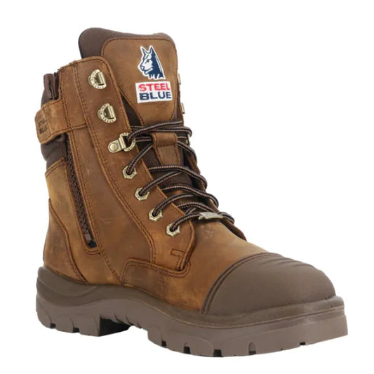 Front angled view of the Steel Blue Southern Cross zip work boot in brown leather with protective toe and rugged outsole.