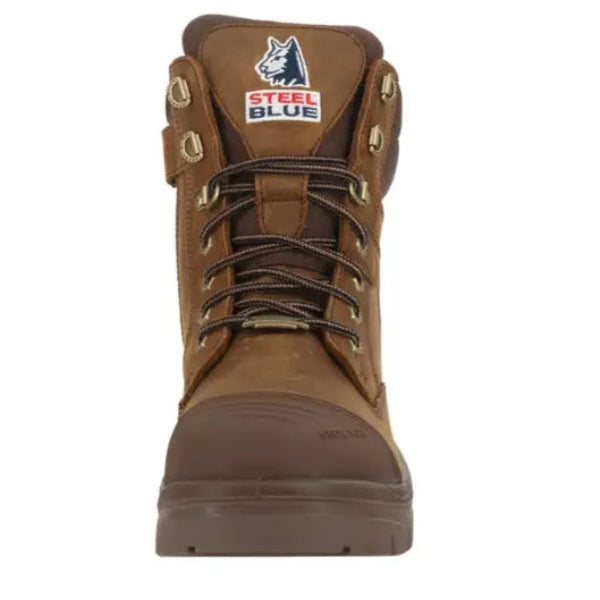 Front view of the Steel Blue Southern Cross work boot with lace fastening, reinforced toe area and slip resistant sole.