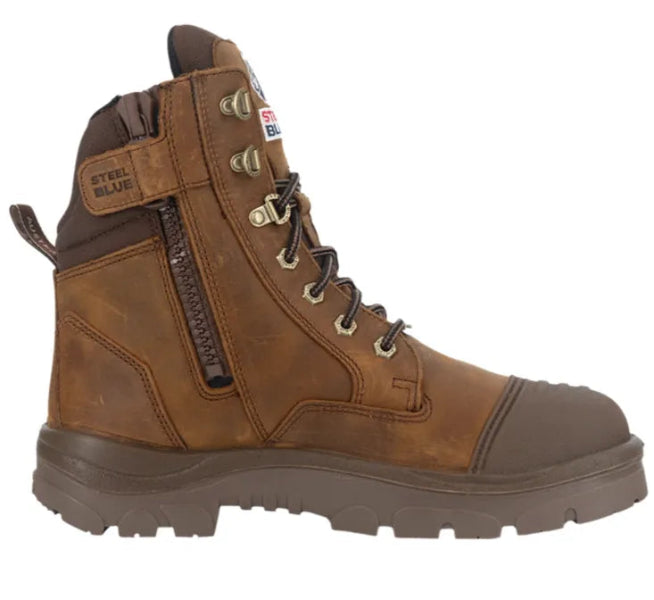Profile view of the Steel Blue Southern Cross brown work boot showing scuff protection and durable outsole design.