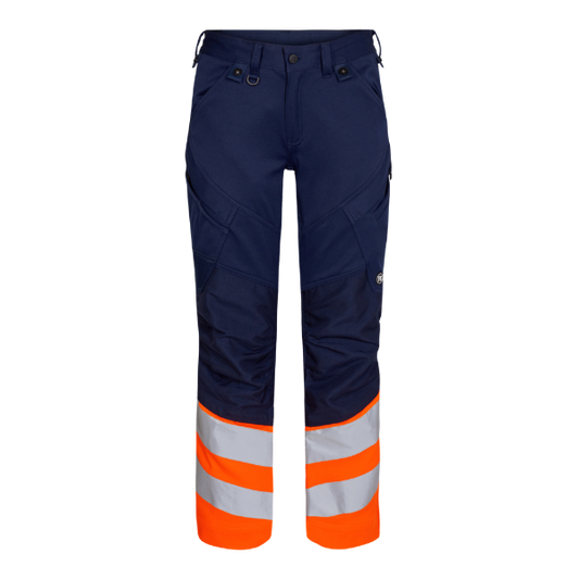 Engel 2546-314 Safety trousers with reflective orange and navy colour blocks, featuring multiple pockets and reinforced knee pockets.