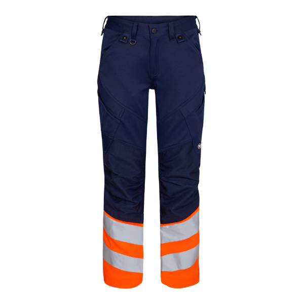 Engel 2546-314 Safety trousers with reflective orange and navy colour blocks, featuring multiple pockets and reinforced knee pockets.