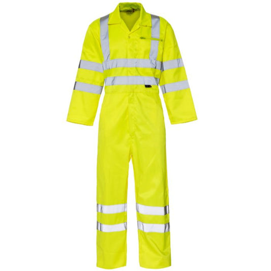 Front view of the Supertouch H49 hi‑vis coverall in yellow, featuring reflective tape bands across the body, arms and legs, a full front zip fastening, collared design, multiple chest and side pockets and a polycotton fabric construction designed for Class 3 high visibility protection, photographed on a white background.