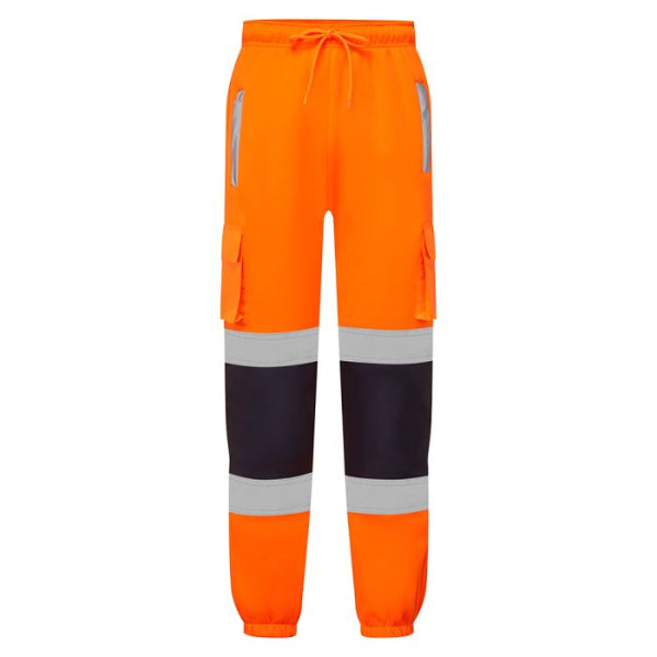 Supertouch H11 orange hi-vis jogging bottoms front view with reinforced knee area and reflective tape
