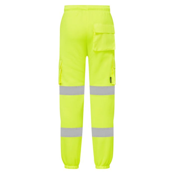 Supertouch H11 yellow hi-vis jogging bottoms back view with reflective tape and elasticated waistband
