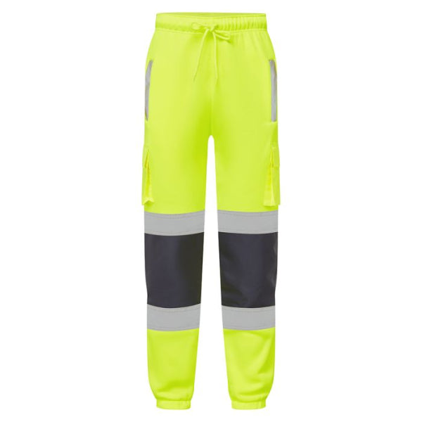 Supertouch H11 yellow hi-vis jogging bottoms front view with reflective tape and knee panels.