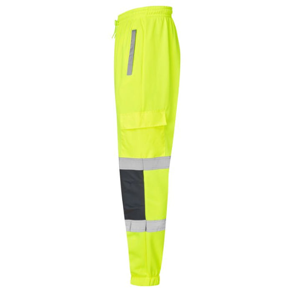 Side view of Supertouch H11 yellow high visibility jogging bottoms with thigh pockets and reflective tape