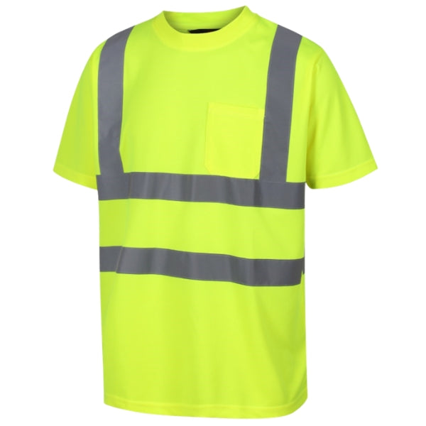 Traega Hi-Vis Two Band and Brace T-Shirt TTS11 in hi-vis yellow, front view showing waist bands and shoulder braces.