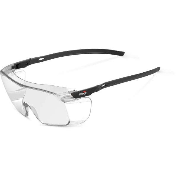 Front angle view of Traega Orta OTG clear lens safety glasses designed to fit over prescription eyewear with ratchet temples and full side protection