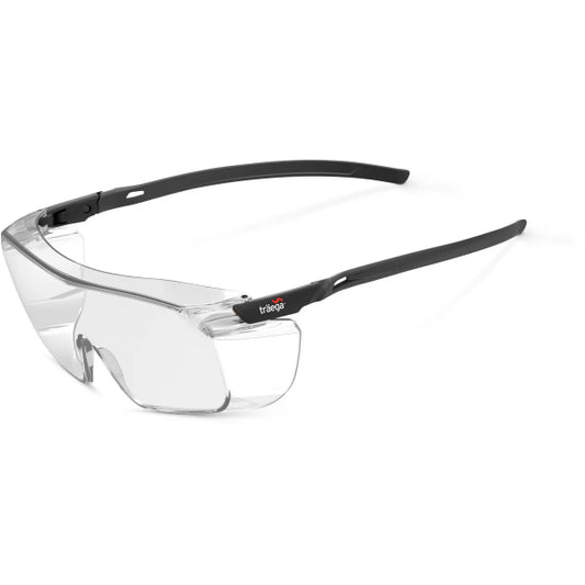 Front angle view of Traega Orta OTG clear lens safety glasses designed to fit over prescription eyewear with ratchet temples and full side protection