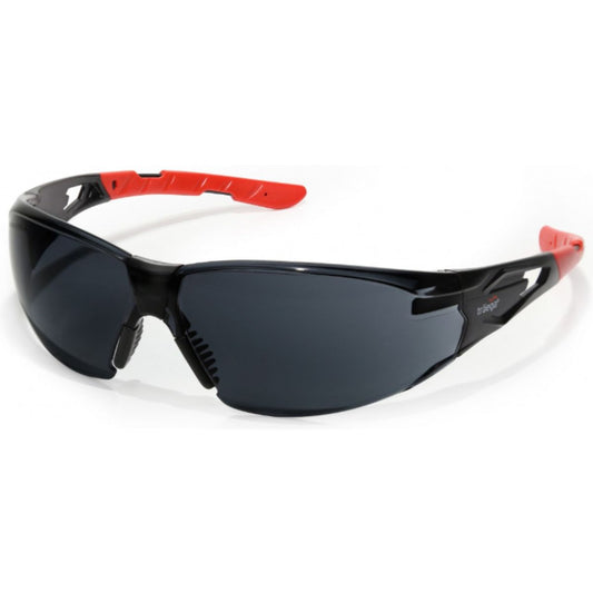 Front angle view of Traega Seto smoke lens safety glasses with black frame and red TPR temple tips