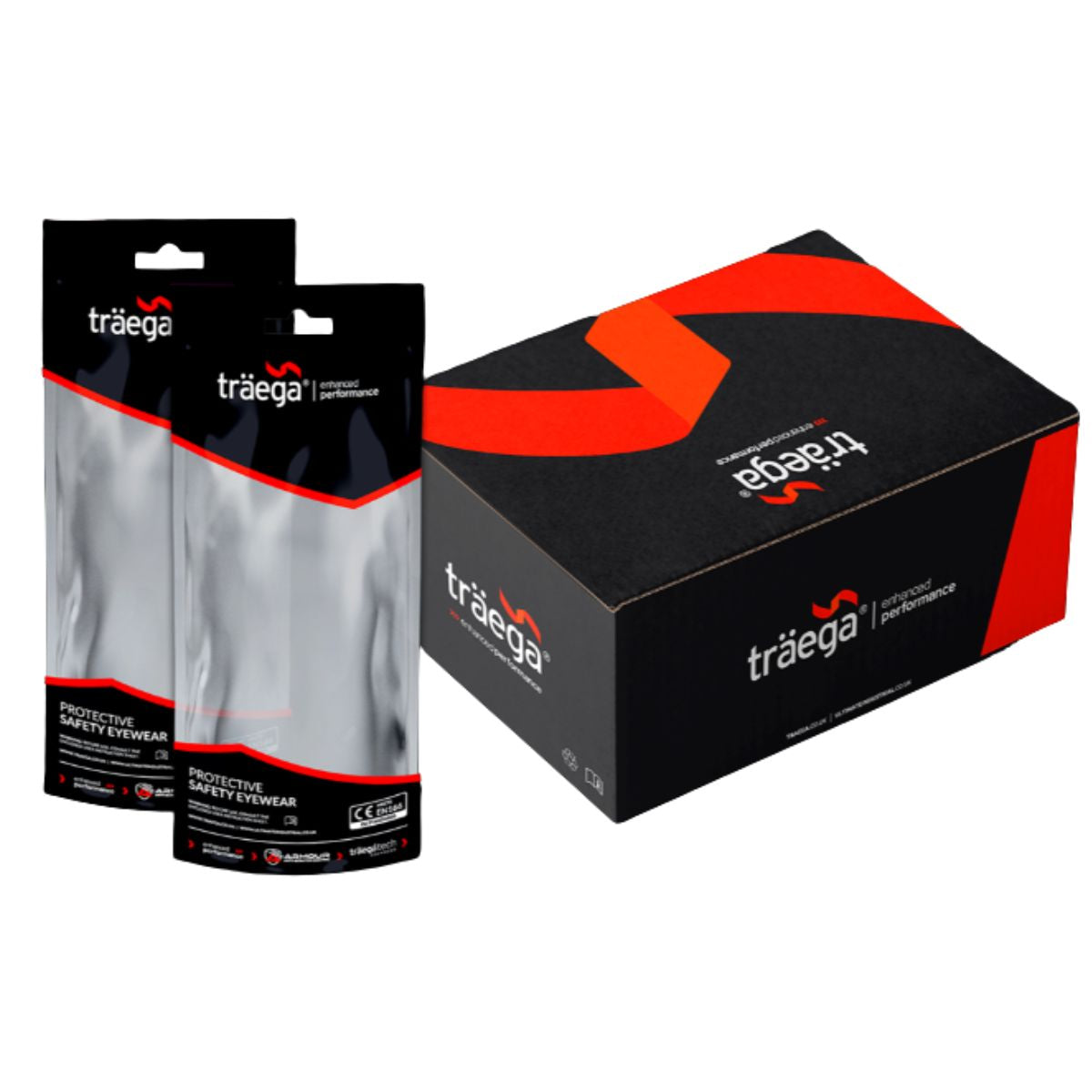 Packaging for Traega Seto smoke lens safety glasses with individually wrapped units and branded retail box