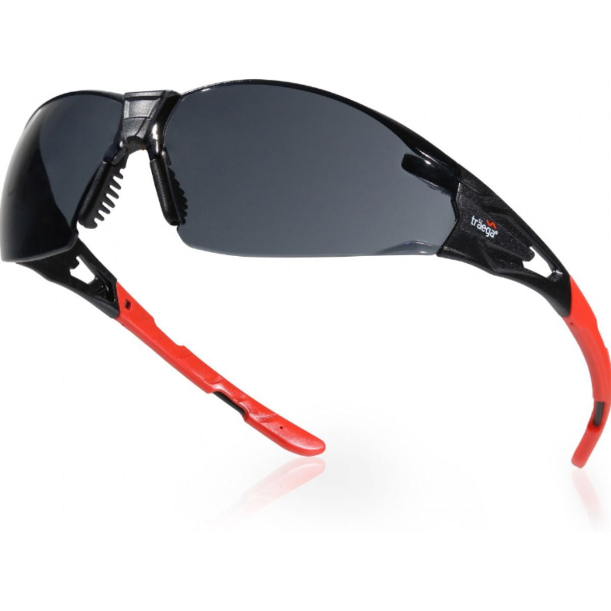Side view of Traega Seto smoke lens safety glasses showing wraparound smoke lens and red flexible temples