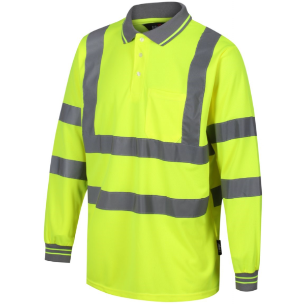 High-visibility yellow long-sleeve shirt with reflective stripes on a white background